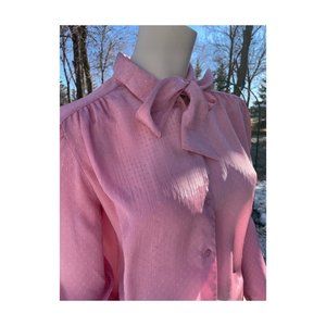 70s Pussy Bow Blouse Pink Jacquard Balloon Sleeve Sz 16